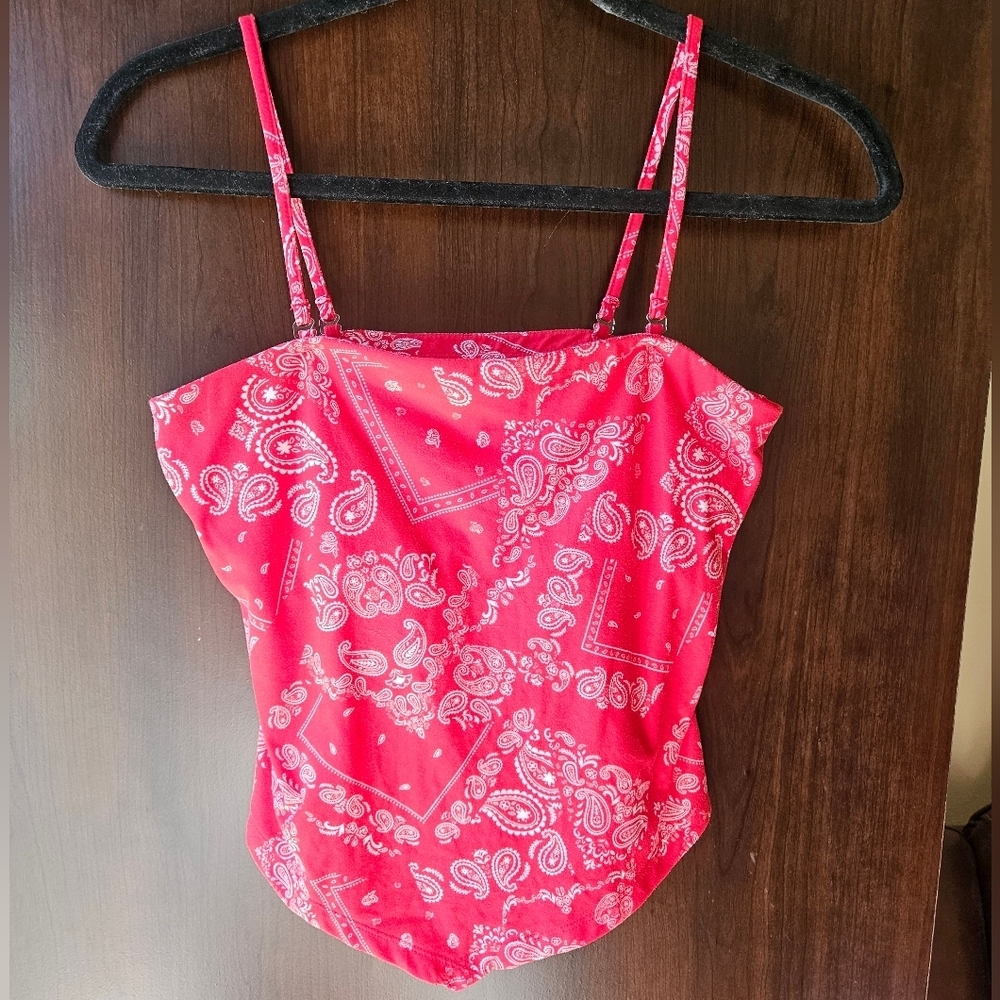Red Paisley Bandana Print Tank Top With Built In Bra